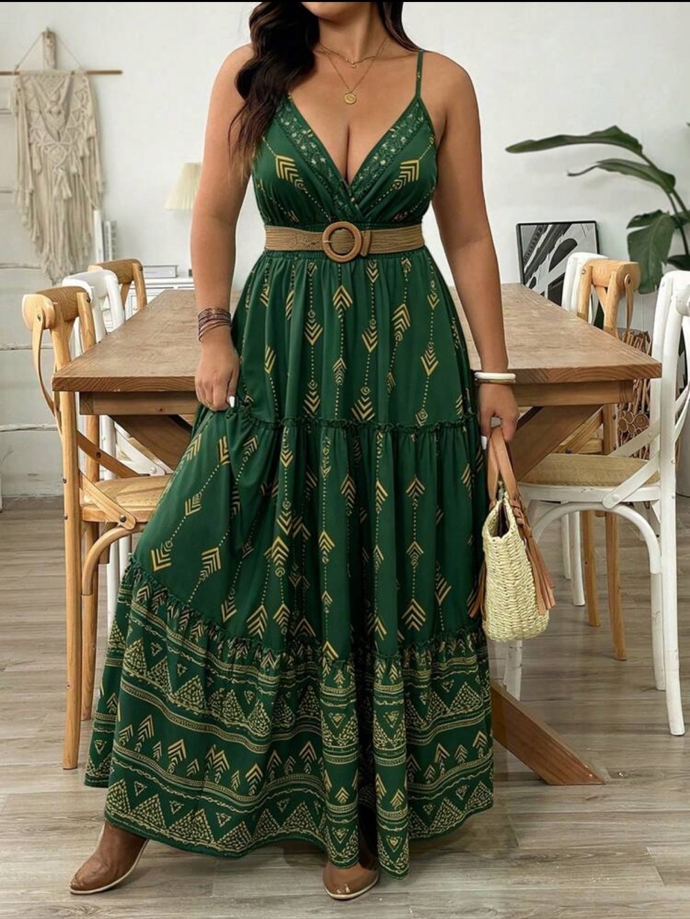 Boho V-Neck Maxi Dress in Forest Green with Gold Print 2X/16